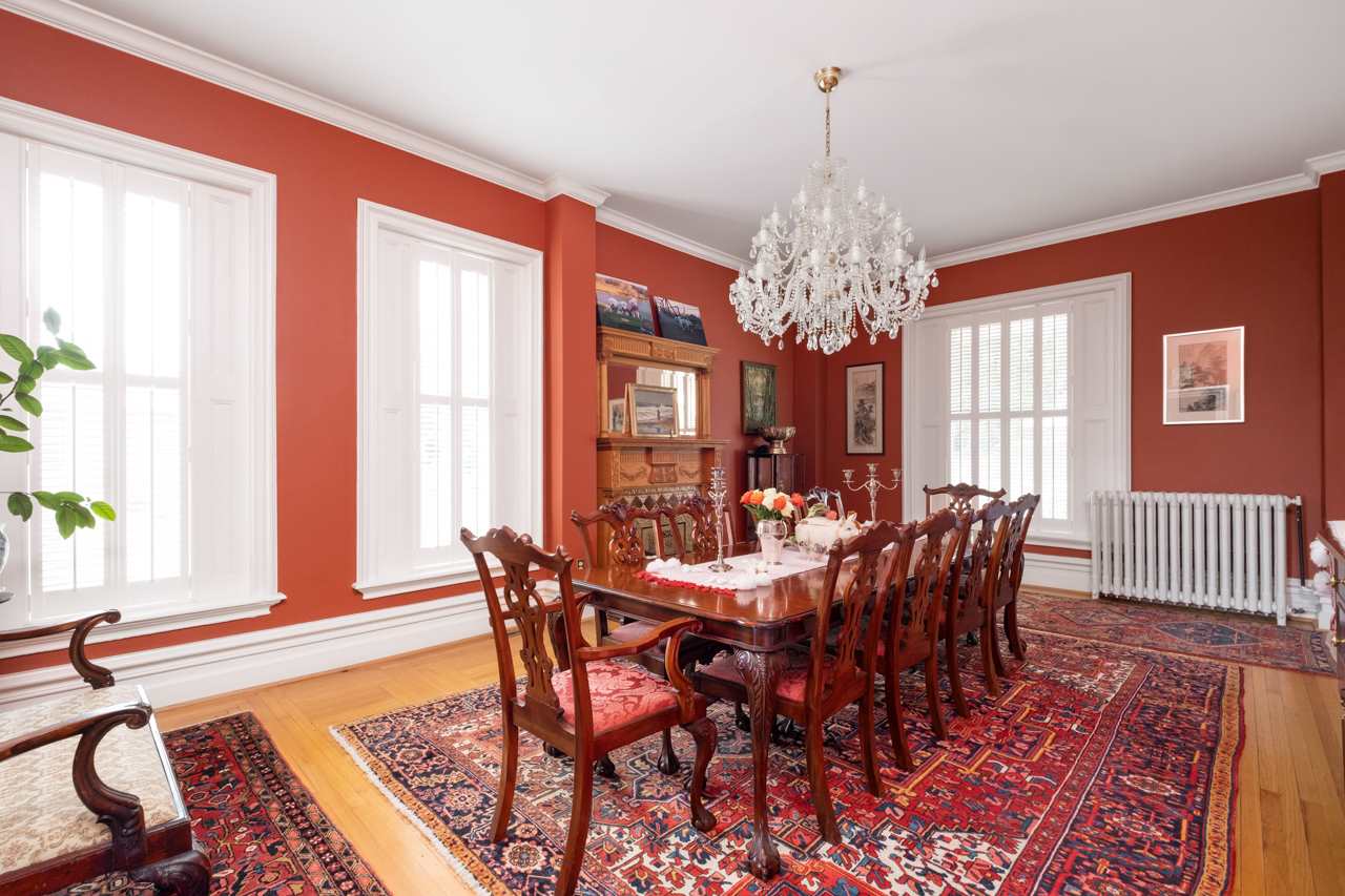 large dining room with chandelier